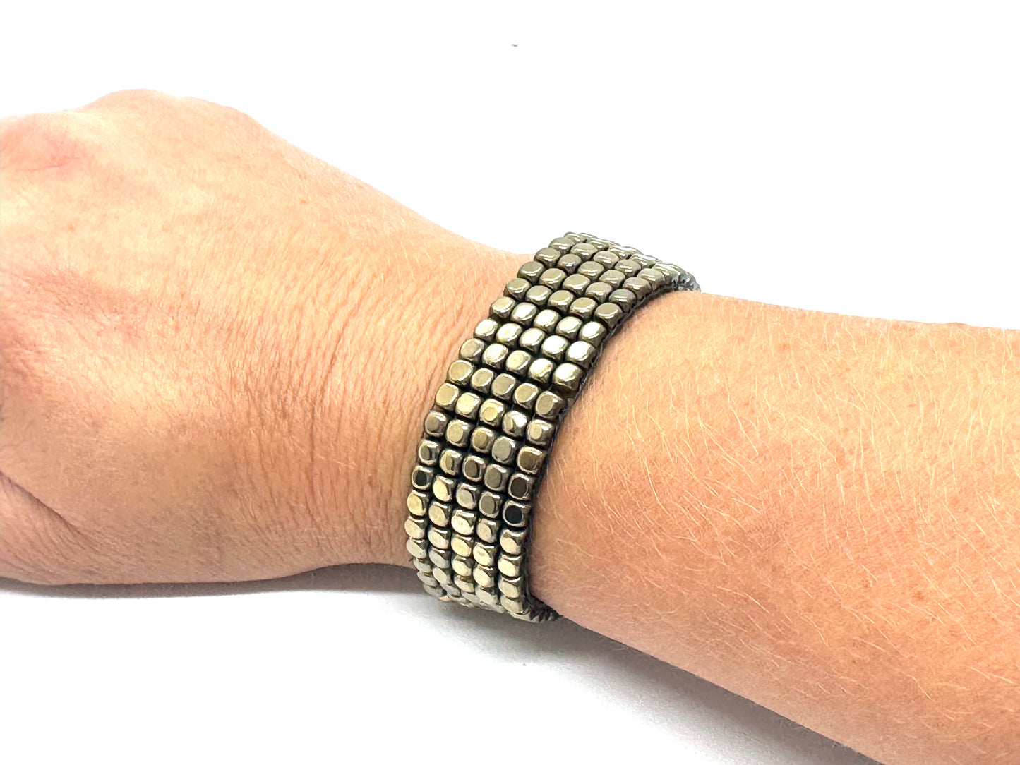 Hematite Cube Handsewn Bracelet