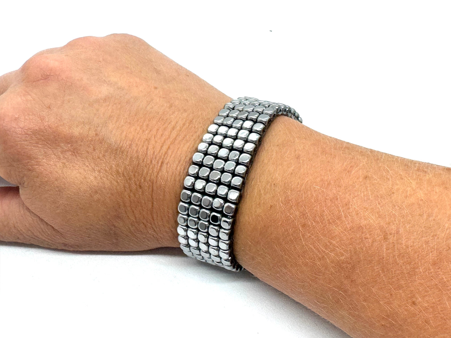 Hematite Cube Handsewn Bracelet