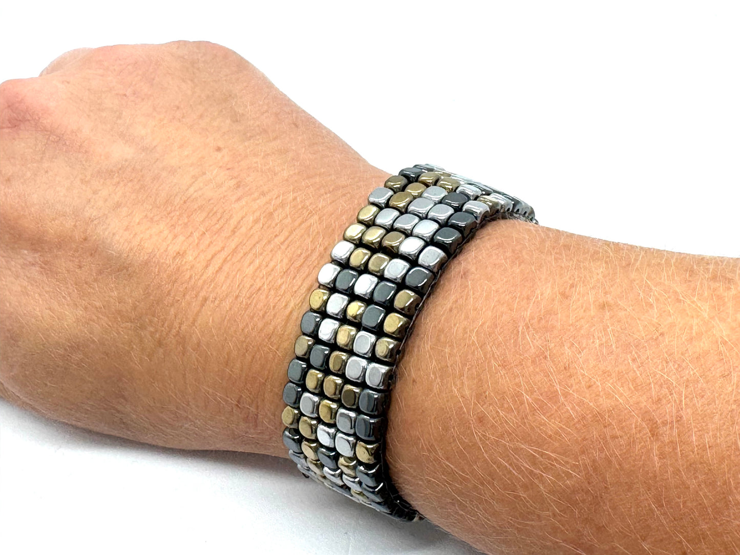 Hematite Cube Handsewn Bracelet